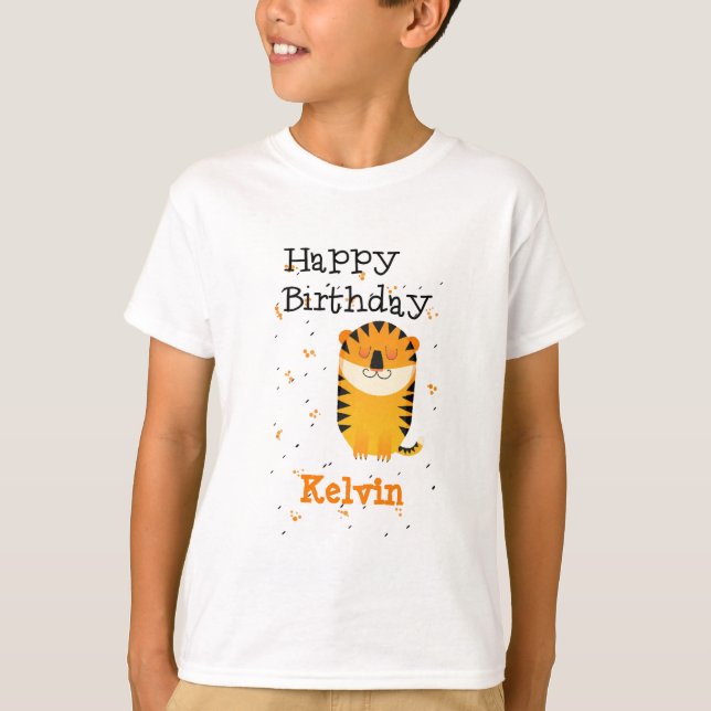Happy birthday cute tiger custom name grey T-Shirt (Front)