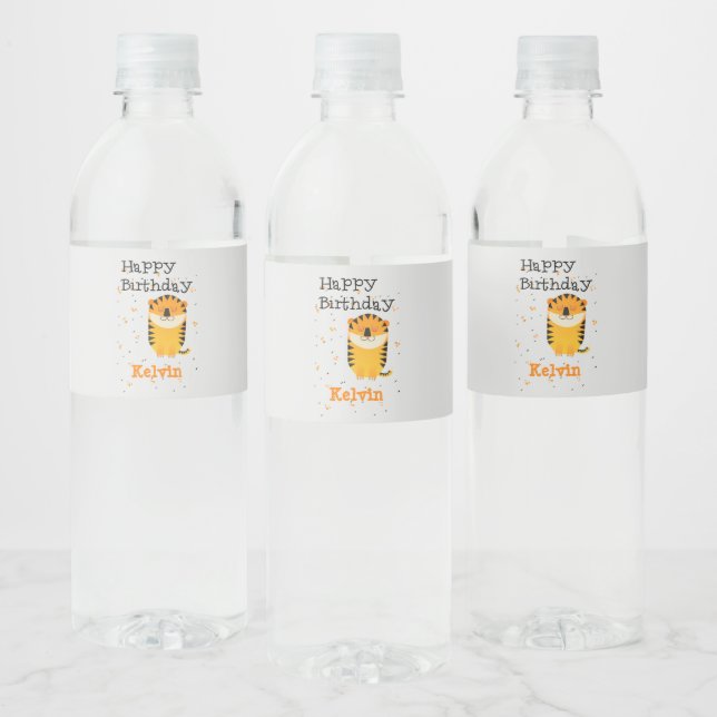 Happy birthday cute tiger custom name grey water bottle label (Bottles)