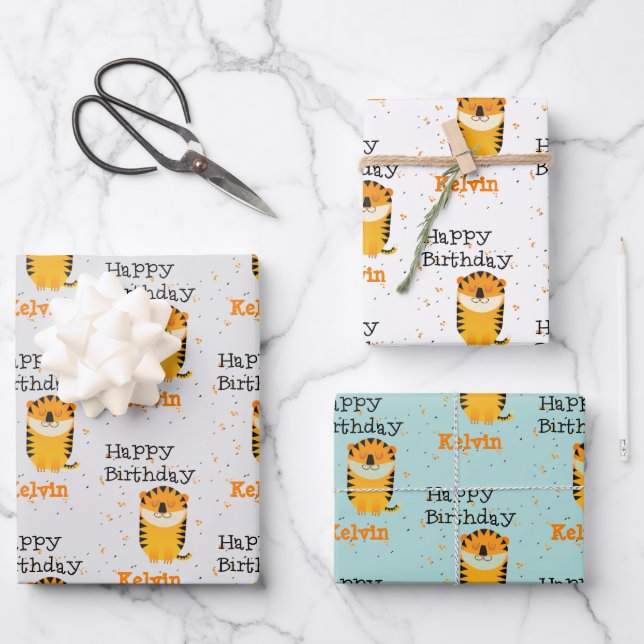 Happy birthday cute tiger custom name wrapping paper sheet (Front)