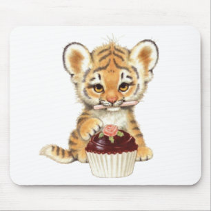 Happy Birthday - Cute Tiger with Cupcake Mouse Mat