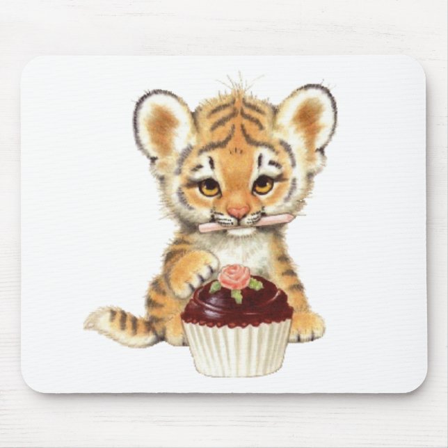 Happy Birthday - Cute Tiger with Cupcake Mouse Mat (Front)