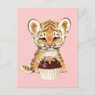 Happy Birthday - Cute Tiger with Cupcake Postcard