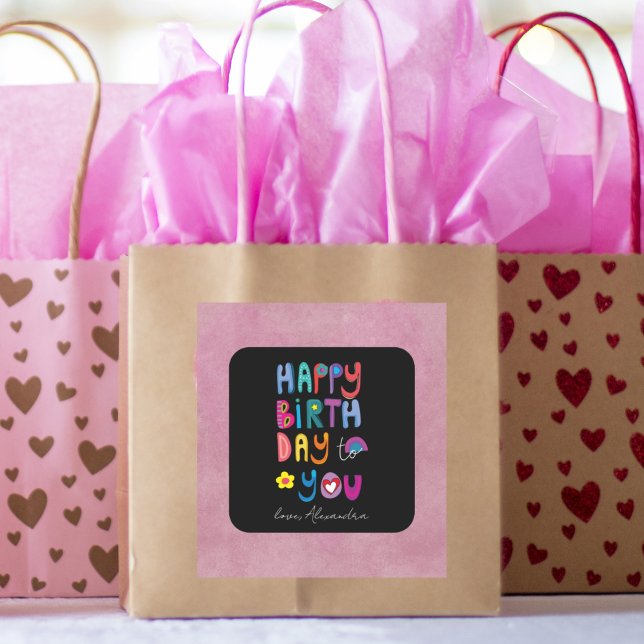 Happy Birthday Cute Typography Personalised  Square Sticker (Creator Uploaded)
