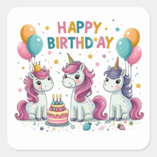 Happy Birthday Cute Unicorns Celebrating Square Sticker
