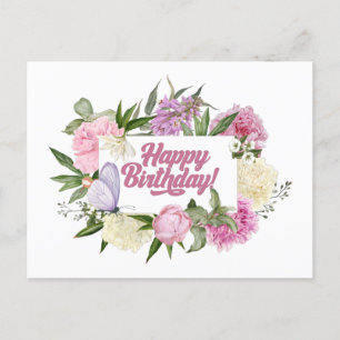 Happy Birthday Cute Vintage Watercolor Flowers Postcard