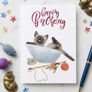 Happy Birthday Cute Watercolor Siamese Kitten Cat Card
