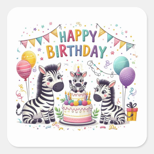 Happy Birthday Cute Zebras Celebrating  Square Sticker (Front)