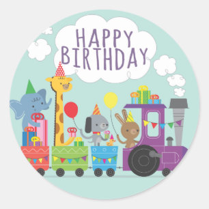 Happy birthday cute zoo animal characters train classic round sticker