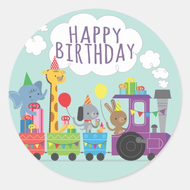 Happy birthday cute zoo animal characters train classic round sticker (Front)