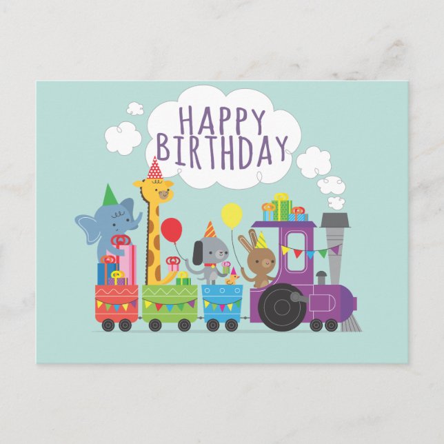 Happy birthday cute zoo animal characters train postcard (Front)