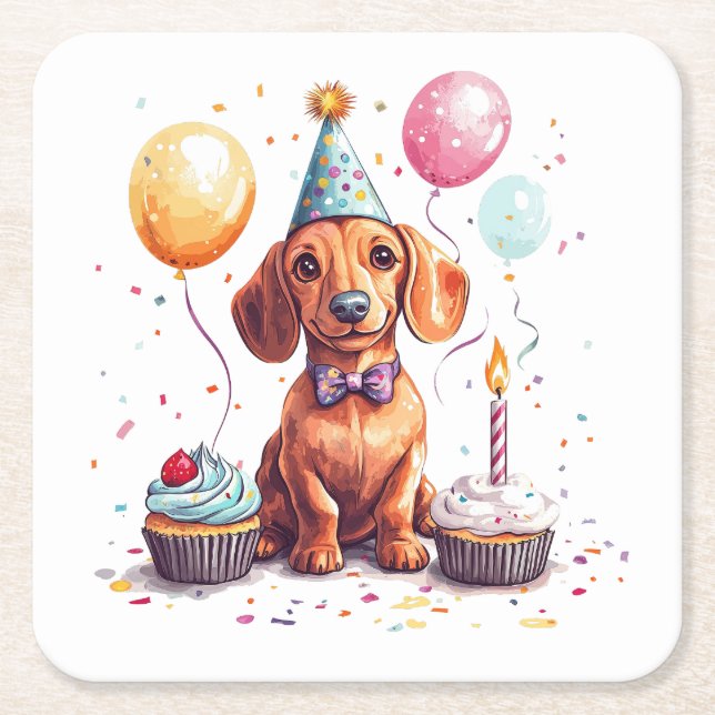 Happy Birthday Dachshund Dog  Square Paper Coaster (Front)