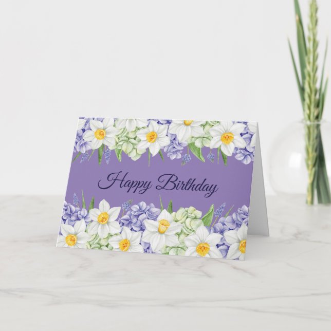 Happy Birthday Daffodil and Hydrangea Flowers  Card (Front)