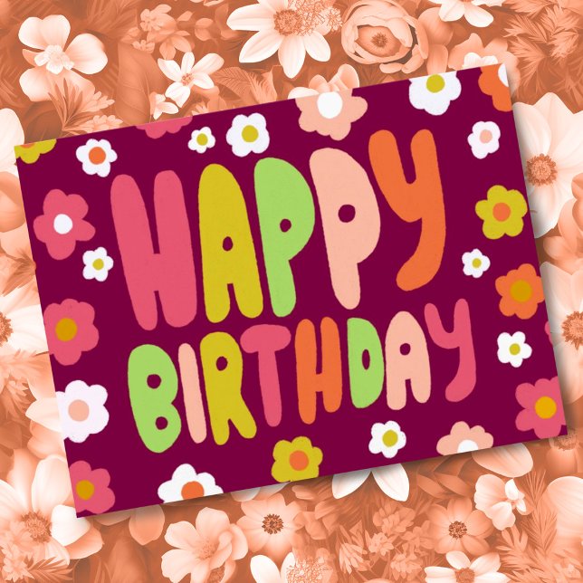 HAPPY BIRTHDAY Daisies Bubble Letters CUSTOM Bday  Postcard (Colorful cute daisy happy birthday postcard! Customize with your own text on the back side.)
