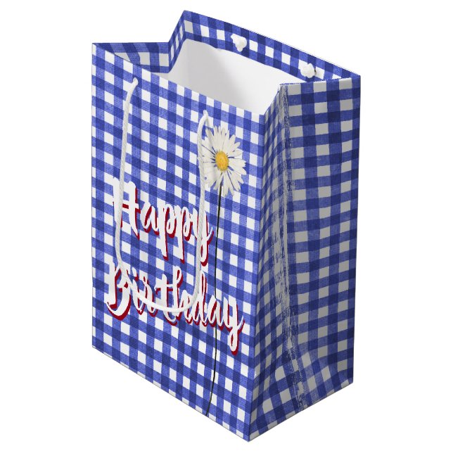 Happy Birthday Daisy On Blue Gingham Medium Gift Bag (Front Angled)