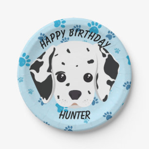 Happy Birthday Dalmatian Puppy Blue Paw Print Paper Plate