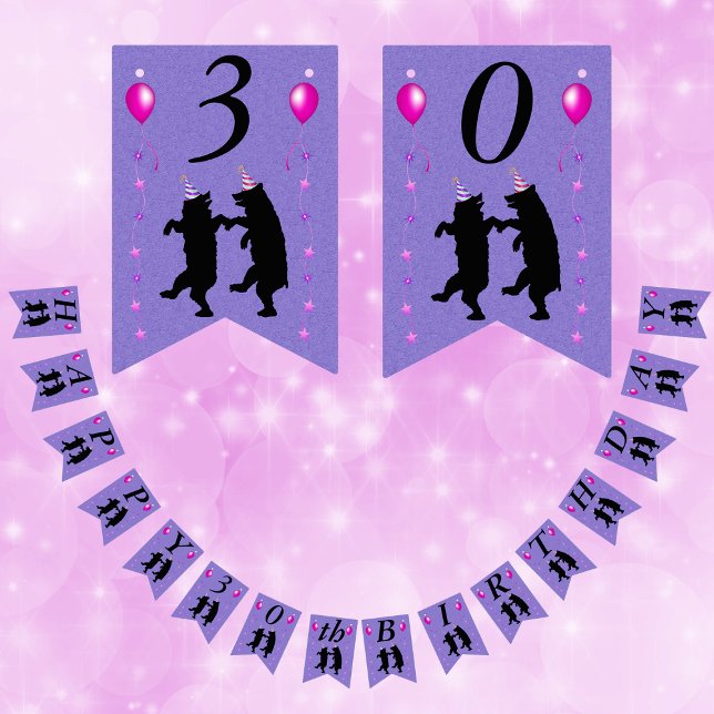 Happy Birthday Dancing Bears Balloons Stars Purple Bunting (Dancing black bears pink stars balloons party hats on purple Happy Birthday flag banner for parties.)