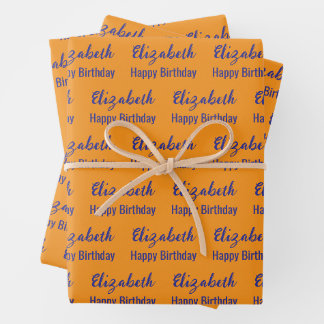 Happy Birthday Dark Blue Script Name Orange Wrapping Paper Sheet