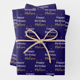 Happy Birthday Dark Blue White Gold Script Name Wrapping Paper Sheet
