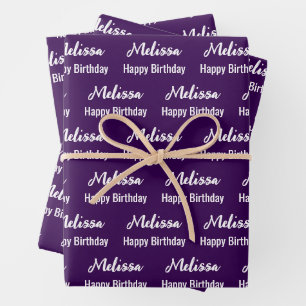 Happy Birthday Dark Purple and White Name Pattern Wrapping Paper Sheet