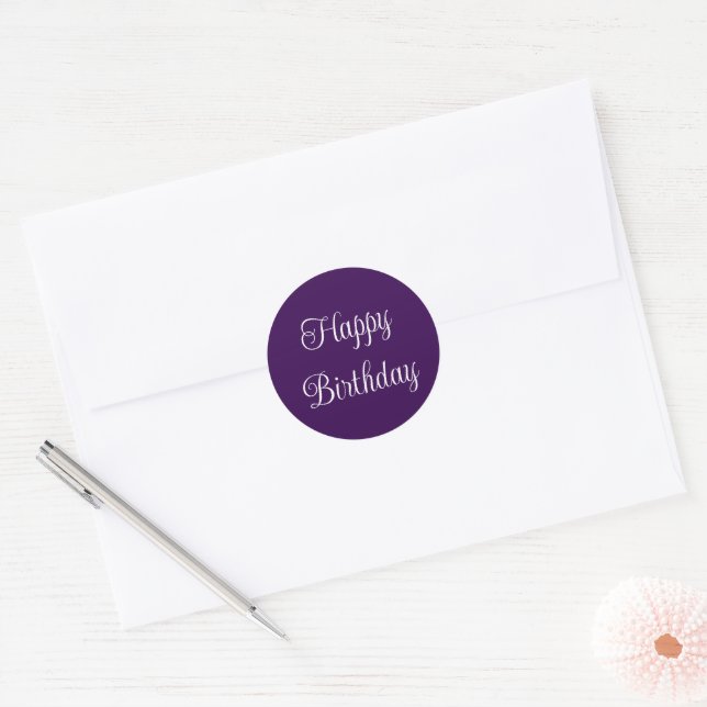 Happy Birthday Dark Purple & White Elegant Script Classic Round Sticker (Envelope)