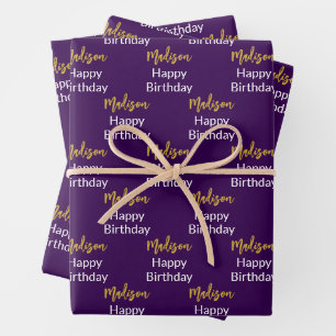 Happy Birthday Dark Purple White Gold Script Name Wrapping Paper Sheet