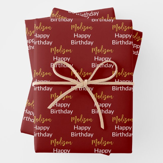 Happy Birthday Dark Red White Gold Script Name Wrapping Paper Sheet (In situ)