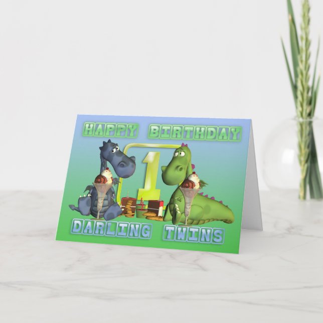 Happy Birthday Darling Twins, pair of cute dragons Card (Front)