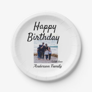 Happy birthday day photo family name elegant class paper plate