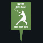 Happy Birthday Day tennis theme custom cake topper<br><div class="desc">Happy Birthday Day tennis theme custom cake topper. Custom cake picks with personalised wishes and custom name. Cute party supplies and decoration items for kids and adults. Also fun for cupcakes and other food items. Silhouette design with racket. Also nice for Christmas Holidays, wedding, bridal shower, gathering, celebration, business, welcome...</div>