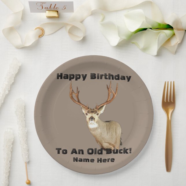 Happy Birthday Deer Buck Antlers Old Funny Hunting Paper Plate (Wedding)