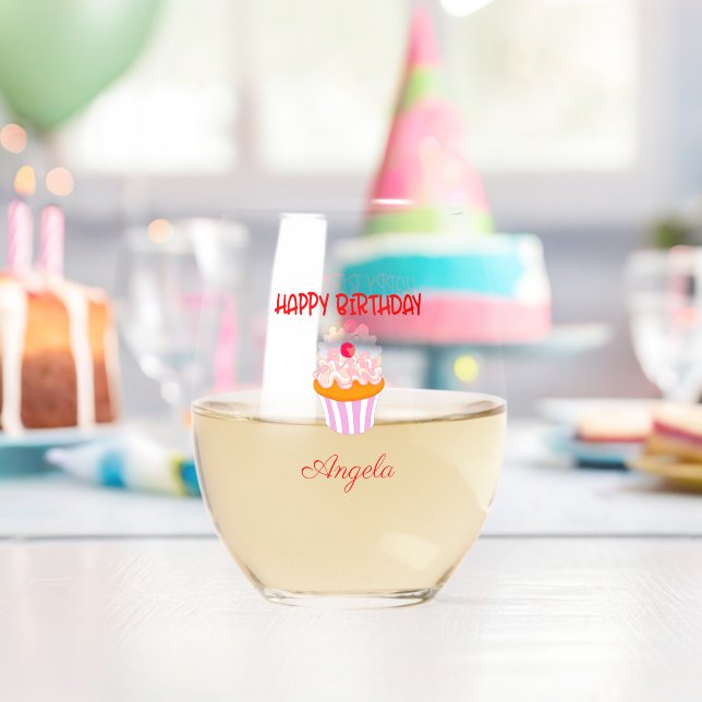 Happy Birthday Delicious Cupcake Cherry Custom Stemless Wine Glass (Insitu (Birthday))