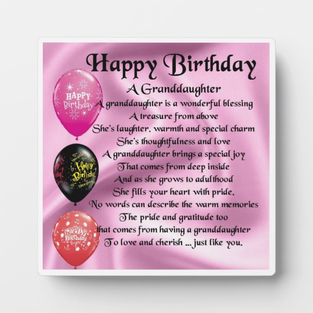 Happy  Birthday Design Granddaughter Poem Plaque (Front)