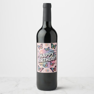 Happy Birthday Design with Colorful Butterflies Wine Label