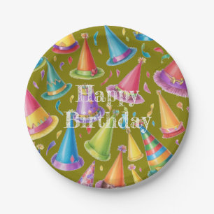 Happy Birthday Design with Fun Party Hats Paper Plate