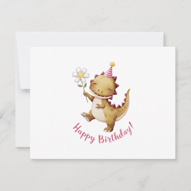 Happy Birthday Dino with Party Hat and Daisy Holiday Card (Front)