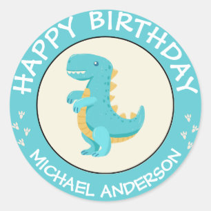 Happy Birthday Dinosaur Name Baby Blue Classic Round Sticker