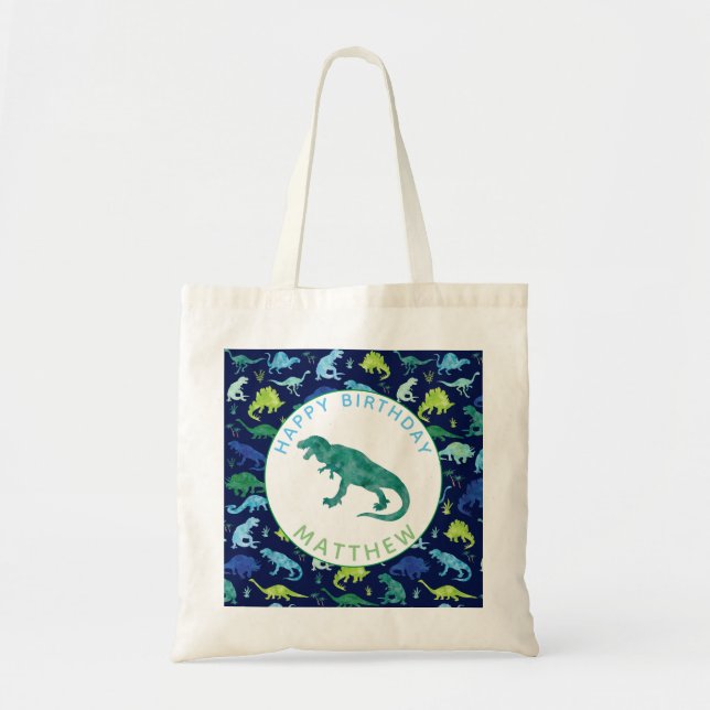 Happy Birthday Dinosaur Personalised Kids T-Rex Tote Bag (Front)