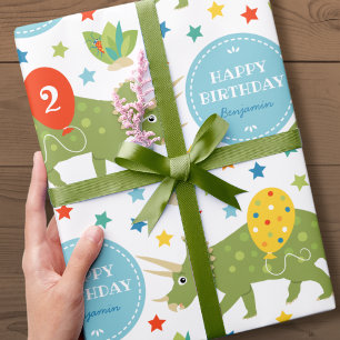 Happy Birthday Dinosaur Triceratops Name Age Wrapping Paper