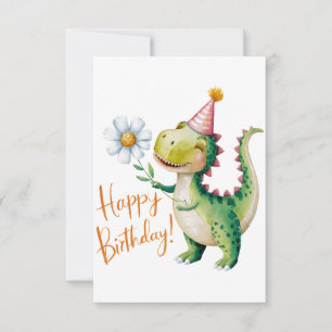 Happy Birthday Dinosaur with Daisy and Party Hat Thank You Card