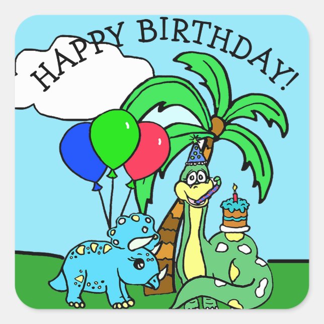 Happy Birthday Dinosaurs Square Sticker (Front)