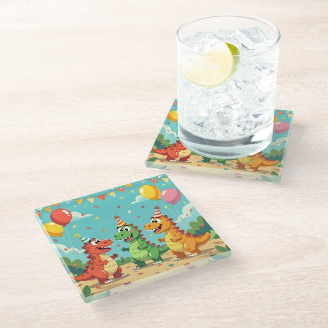 Happy birthday dinosaurs theme glass coaster (Angled)
