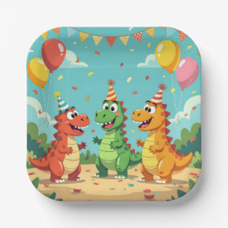 Happy birthday dinosaurs theme paper plate