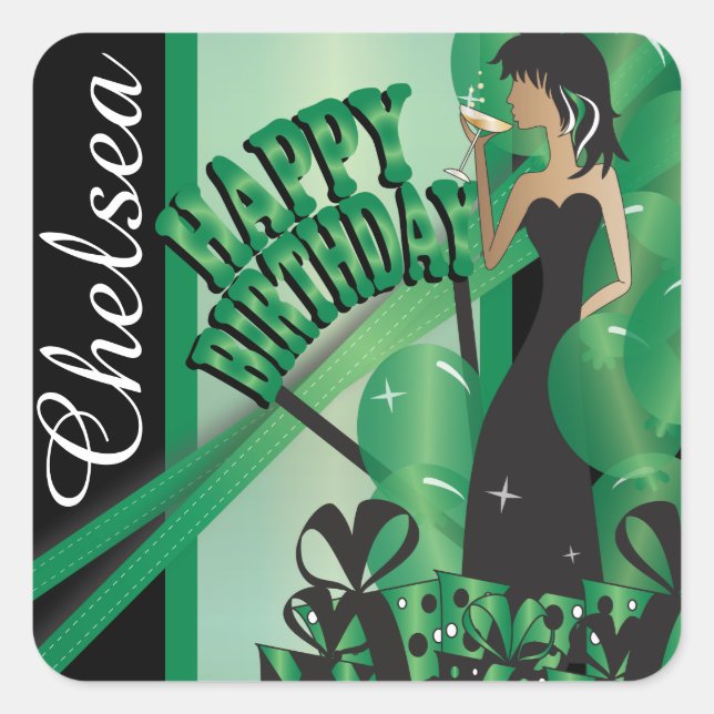 Happy Birthday Diva Girl | DIY Name | Green Square Sticker (Front)