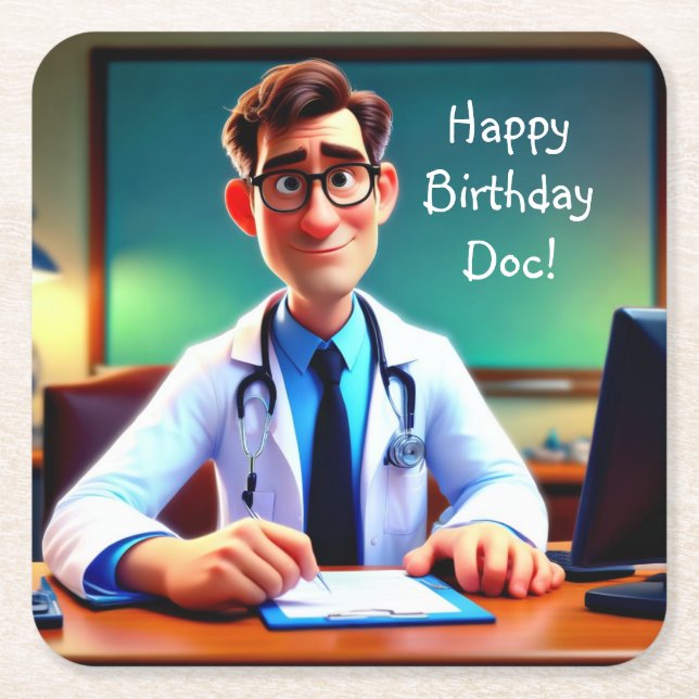 Happy Birthday Doc Square Paper Coaster (Front)