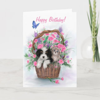 Happy Birthday, Dog and Cat in the flower basket. Card