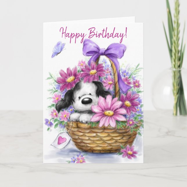 Happy Birthday, Dog in beautiful Flower basket. Card (Front)