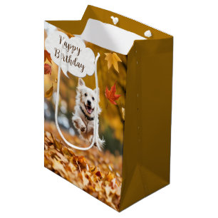 Happy Birthday Dog In Fall Leaves Medium Gift Bag