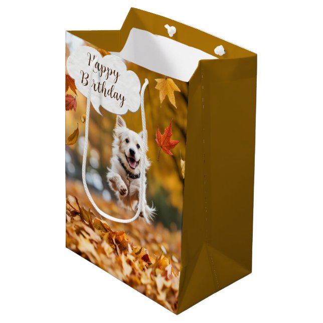 Happy Birthday Dog In Fall Leaves Medium Gift Bag (Front Angled)