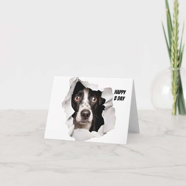 Happy Birthday Dog Looking Through Broken Paper  Card (Front)