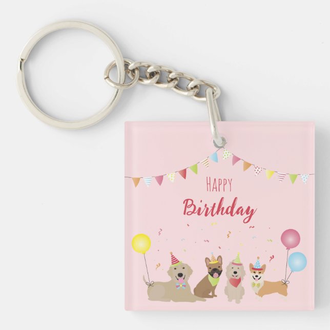 Happy Birthday Dog Party Key Ring (Front)